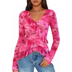 Women's Long Sleeve Floral Shirts V Neck Going Out Ruffle Tops Blouses